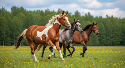 Obraz premium Galloping trio of horses grace a flower-strewn meadow under a serene sky