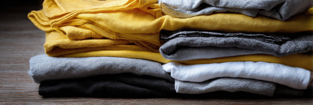Folded clothes in various colors on wooden surface