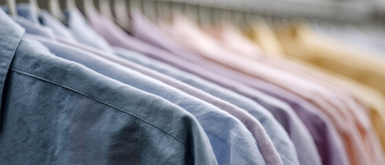 Shirts in various pastel colors hanging on rack