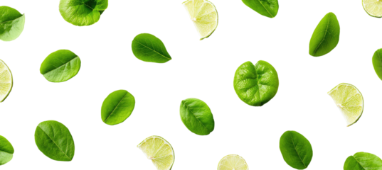 Pattern of lime slices and leaves on black background