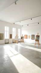 Bright gallery interior with paintings