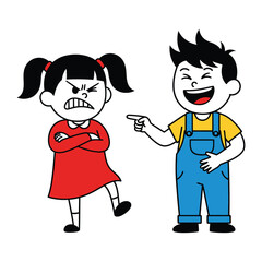 Jealousy and Joy: A little girl's face is scowling, while the boy standing nearby finds the situation funny, pointing and laughing