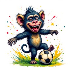 Naklejka premium a joyful baboon playing soccer, in a vibrant cartoon style with paint splashes on a white background.