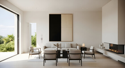 Minimalist modern living room featuring geometric art and serene ambiance