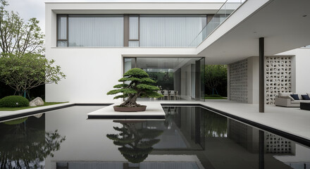 Contemporary architecture showcasing minimalist design with serene water feature