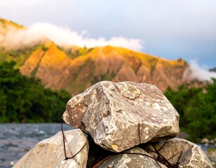 Mountain View with Rocks by River