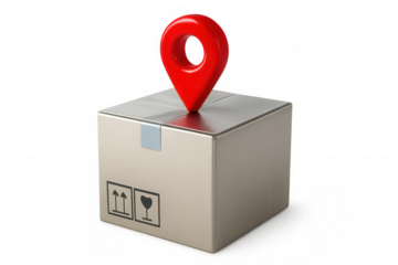 Red location pin pointing delivery address standing on cardboard box with transparent background, perfect for e-commerce and delivery related concepts