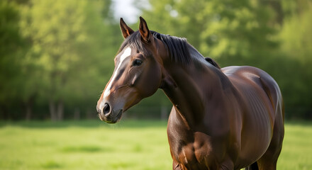 Obraz premium Noble brown horse gazing serenely across the vibrant green pasture landscape