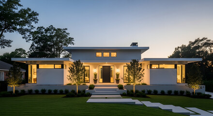 A magnificently modern residence exudes sophistication under the twilight skies