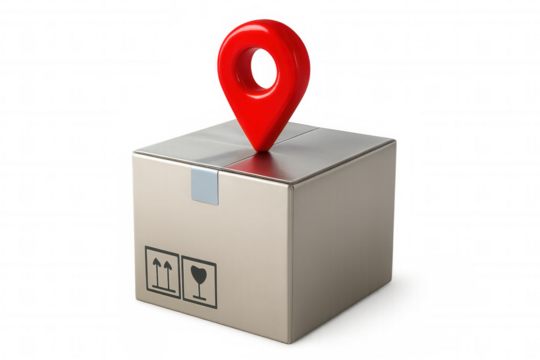 Red location pin pointing delivery address standing on cardboard box with transparent background, perfect for e-commerce and delivery related concepts