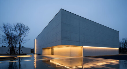 Minimalist architecture with concrete block structure and reflected illumination