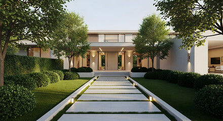 Contemporary Home Exterior with Landscaped Pathway and Lush Greenery Display