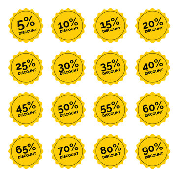 Sales and discount Stickers 5, 10, 15, 20, 25, 30, 35, 40, 45, 50, 55, 60, 65, 70, 80, 90 percent, In Yellow and Black Colour, Vector illustrator.