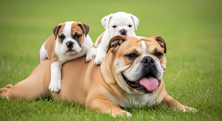 Obraz premium Bulldog family enjoying a playful day together on the vibrant green grass
