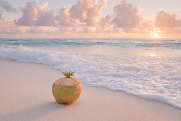 breathtaking hawaiian beach sunset unfolds over soft sands where lone coconut rests
