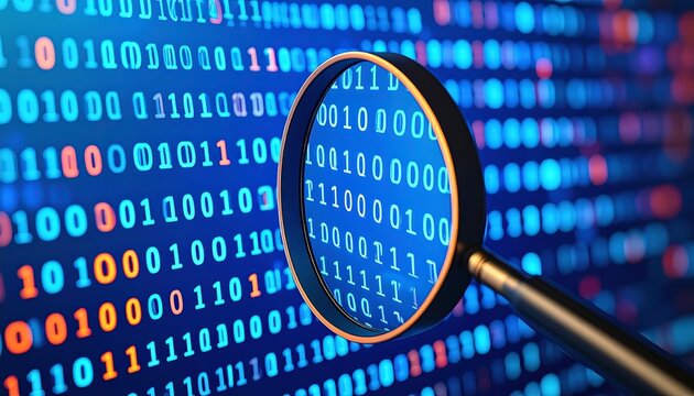 Magnifying Glass Inspecting Binary Code Data