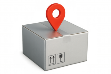 Red location pin pointing silver cardboard box with packaging symbols on a transparent background, perfect for delivery and shipping concepts