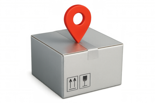 Red location pin pointing silver cardboard box with packaging symbols on a transparent background, perfect for delivery and shipping concepts