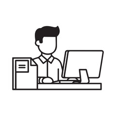 Line art illustration of a man working at a computer with papers depicting office environment and professional occupation