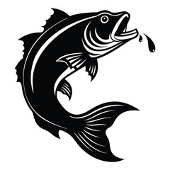 Bass Fish Leaping Silhouette Vector Monochrome Aquatic Animal with Water Rings