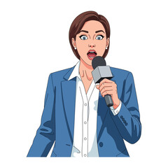 Breaking News: A poised journalist, caught mid-sentence during a live broadcast, conveys the immediacy and urgency of breaking news. Illustrated in a dynamic comic book style.