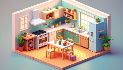 Fototapeta premium Cozy Low-Poly 3D Isometric Kitchen Interior Design
