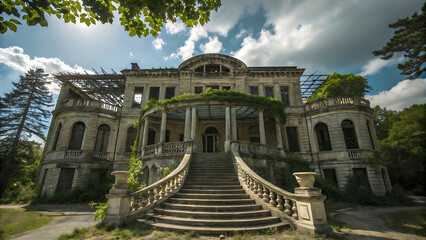 Fototapeta premium Grand Abandoned Mansion Amidst Lush Greenery A Hauntingly Beautiful Scene of Decay and Nature Taking Over Elegant Architecture With Majestic Staircase