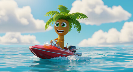 A whimsical 3D render captures a joyful palm tree character piloting a vibrant red speedboat across a shimmering ocean, against a backdrop of fluffy clouds and a bright azure sky depicting a