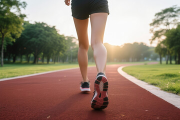 The clear steps of running against the light, the soles of shoes, and the fit legs of Asian women