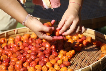 梅干しを干す女性