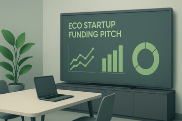 Eco Startup Funding Pitch Presentation in Modern Office with Graphs and Laptop on Table