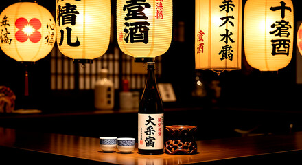 A bottle of Japanese sake and cups on a wooden counter, illuminated by traditional hanging paper lanterns.