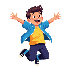 Joyful Leap: A cartoon illustration of a young boy joyfully leaps with open arms and a beaming smile, conveying pure happiness and the exuberance of childhood.