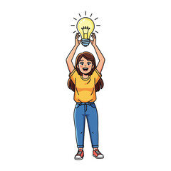 Bright Idea Illustration: A vibrant illustration captures a young woman holding up a radiant lightbulb, symbolizing innovation, ingenuity, and creative solutions.