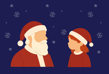 Santa Claus and child in Santa hat facing each other under snowy night sky festive Christmas winter holiday illustration for greeting cards decorations banners and children’s seasonal content