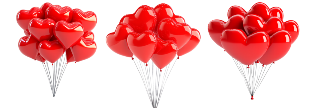 A cluster of shiny red heart-shaped balloons floating against white transparent background, symbolizing love and celebration of Valentine Day