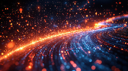 Fototapeta premium A vibrant tapestry of data particles, each a microcosm of information, zips across a digital backdrop, creating a dynamic and futuristic symphony of innovation 