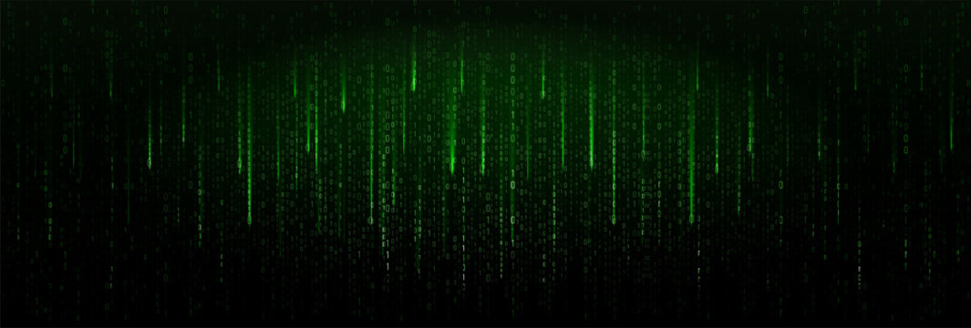 Green Binary Code Falling Digital Rain On Black Background. Futuristic Cyber Matrix Style Concept For Technology, Hacking, And Programming Themes. Vector Illustration