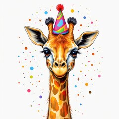 a friendly giraffe wearing a party hat, drawn in a playful watercolor splash style on a clean white backdrop. © Kopgz-41