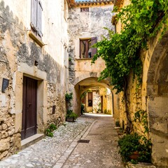 Fototapeta premium Charming alleyway, stone buildings, vibrant greenery