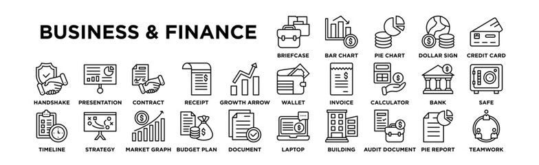 Business & Finance Icon Set. Editable Stroke Icon Collection. Briefcase, Bar Chart, Pie Chart, Dollar Sign, Credit Card, Wallet, Invoice, Calculator, Bank, Safe, Handshake, Presentation, Contract, Rec