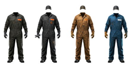 Selection of Four Different Color Work Coveralls on Transparent Background
