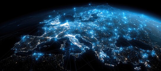 Europe's interconnected cities at night, depicted as glowing nodes and lines on a dark globe