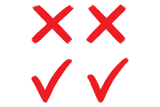 Grunge brush stroke checkmarks with tick and cross symbols. Green and re grunge style vector illustration of two checkbox icons. Green check mark and red cross icon set, circle and cross. Tick symbol
