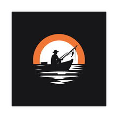 Fisherman on boat with sunrise background vector silhouette outline logo design concept illustration