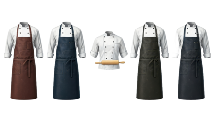 Variety of Chef Uniforms Featuring Different Colored Aprons and Rolling Pin