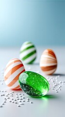 Fototapeta premium Pastel Striped Easter Eggs and Green Glittery Orb on White Surface