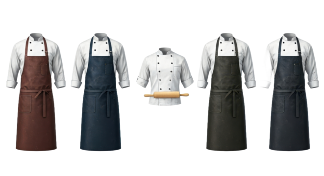 Variety of Chef Uniforms Featuring Different Colored Aprons and Rolling Pin