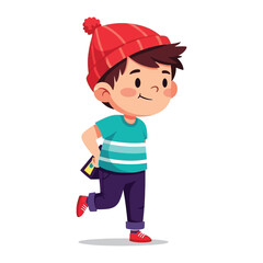 Joyful Toddler's Casual Walk: A cheerful toddler strolls in casual attire, with a vibrant red beanie and a happy demeanor, perfectly capturing childhood innocence and playful curiosity.