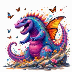 Obraz premium a fantastical kaiju chasing butterflies, in a vibrant cartoon style with paint splashes on a white background.